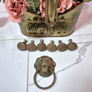 May include: A brass basket filled with pink artificial roses, six round brass knobs with embossed circular patterns, and a single brass lion head door knocker with a circular ring, all arranged on a white surface with grey veining.