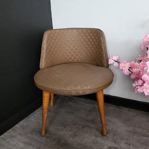 Vintage MCM Mid Century Modern Small Brown Chair / Tabouret Ottoman Wood & Vinyl. Brown with Star Pattern.
