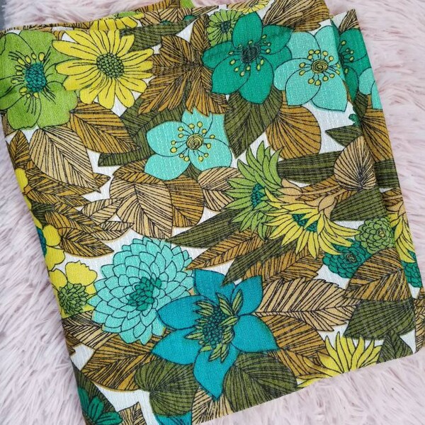 Motif de fleurs de nappe vintage des années 70 1970 bleu coloré vert marron rétro