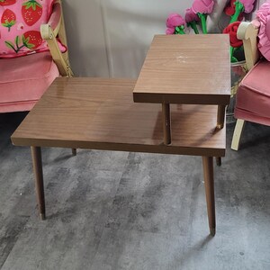 Vintage MCM Faux Wood Table 2 Tier Spindle Style Side End Bedside Telephone Table Rustic Home, Cottage, Cabin, Canadian Made Table
