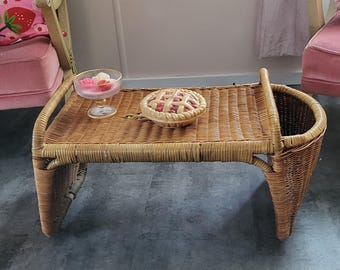 Vintage MCM Wicker Bed Tray with Storage Area Slot Brown Wood Breakfast in Bed Tray