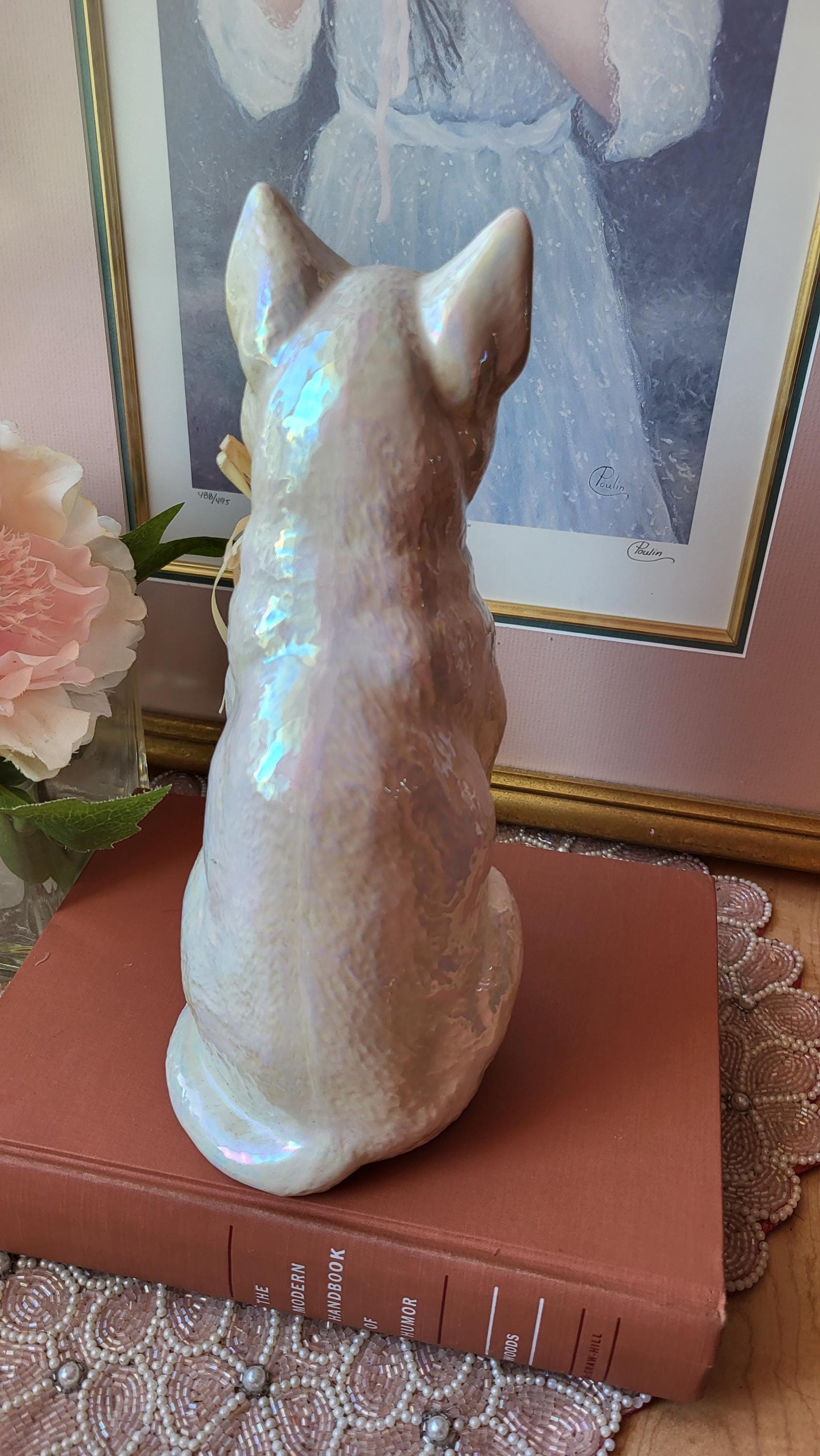 Vintage 80's Cat Statue Kitten Iridescent White Porcelain