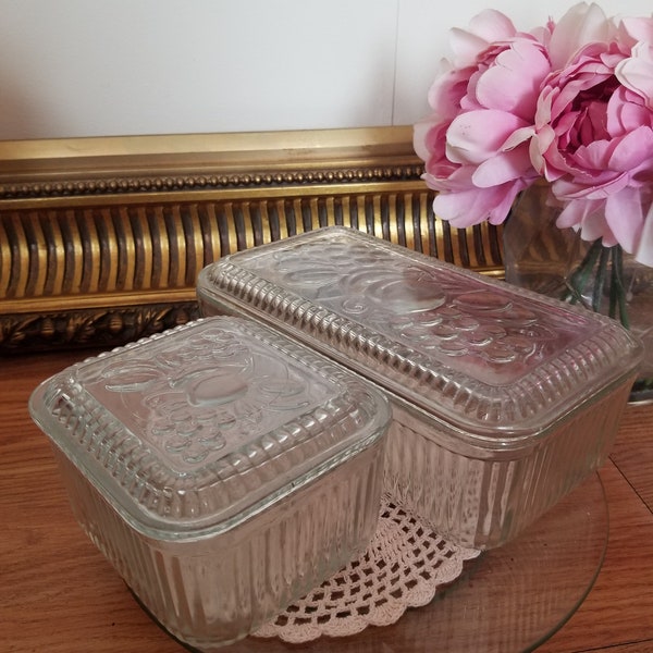 Boîte en verre vintage de récipient de verre de plat de réfrigérateur pour le réfrigérateur avec le lot de 2 verre fédéral de fruits gravés