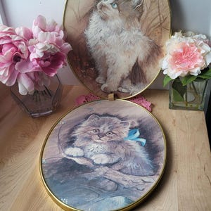 Vintage 70&#39;s Large Set of 2 Oval Framed Kitsch Cats Portraits by Extasy Giftware. Retro home wall decor. Cat lovers gift.