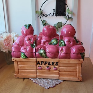 Juego de 3 botes de galletas Cracker Barrel Apple Crate de 1996, juego de 3 tarros para galletas, decoración de encimeras de cocina