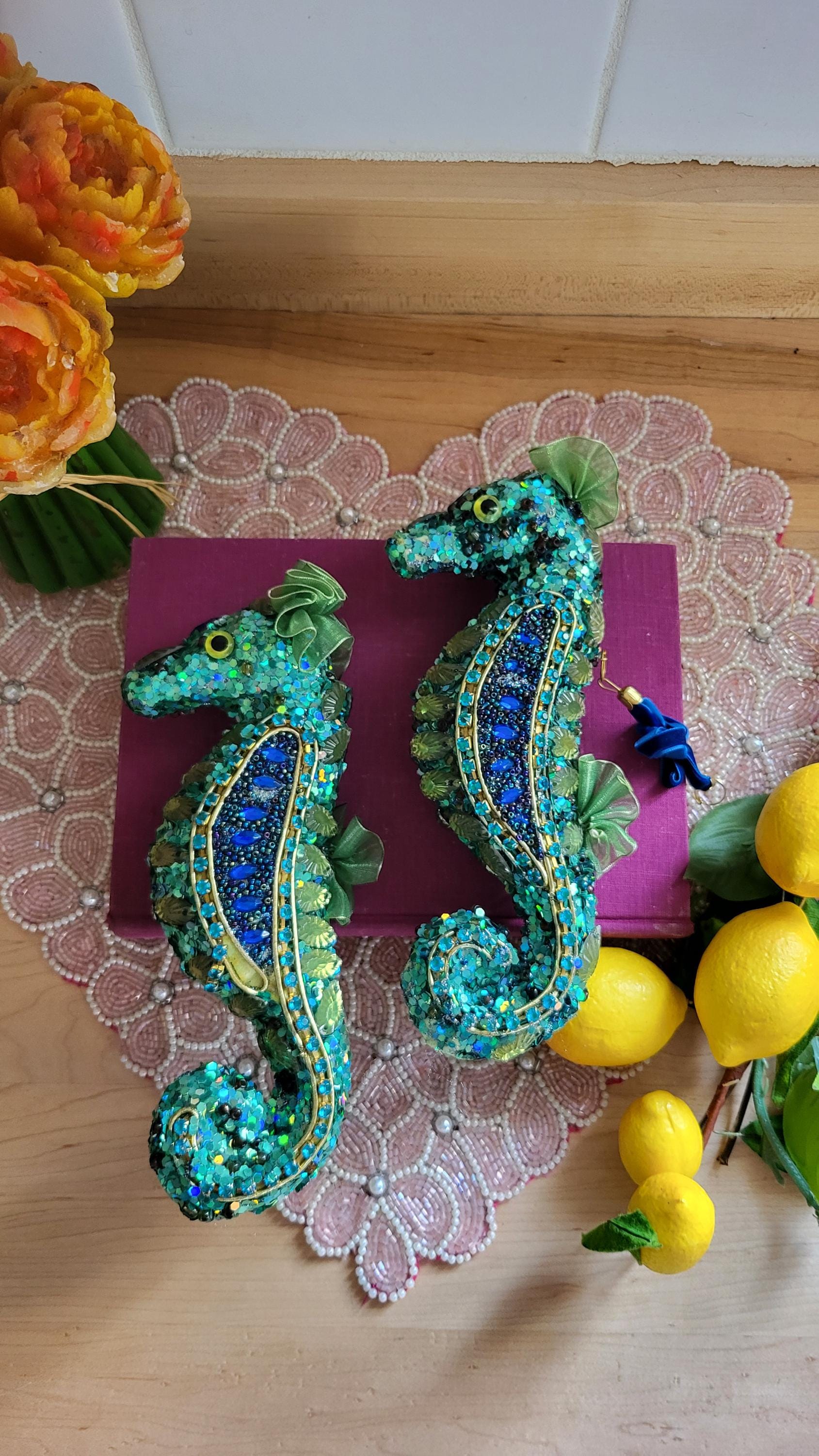 Vintage Pair of Bead & Sequin Large Ornaments Sea Horse Seahorse