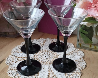 Vintage, French Luminarc Black Stem Martini Glasses, Set of 4 Retro Barware, Made in France