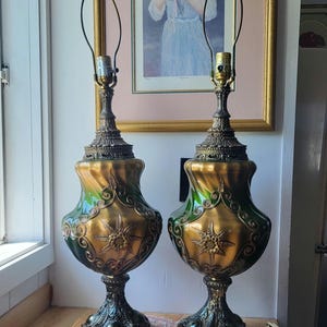 Vintage MCM Carl Falkenstein Hollywood Regency Mid-Century Modern Green Glass Lamps - a Pair
