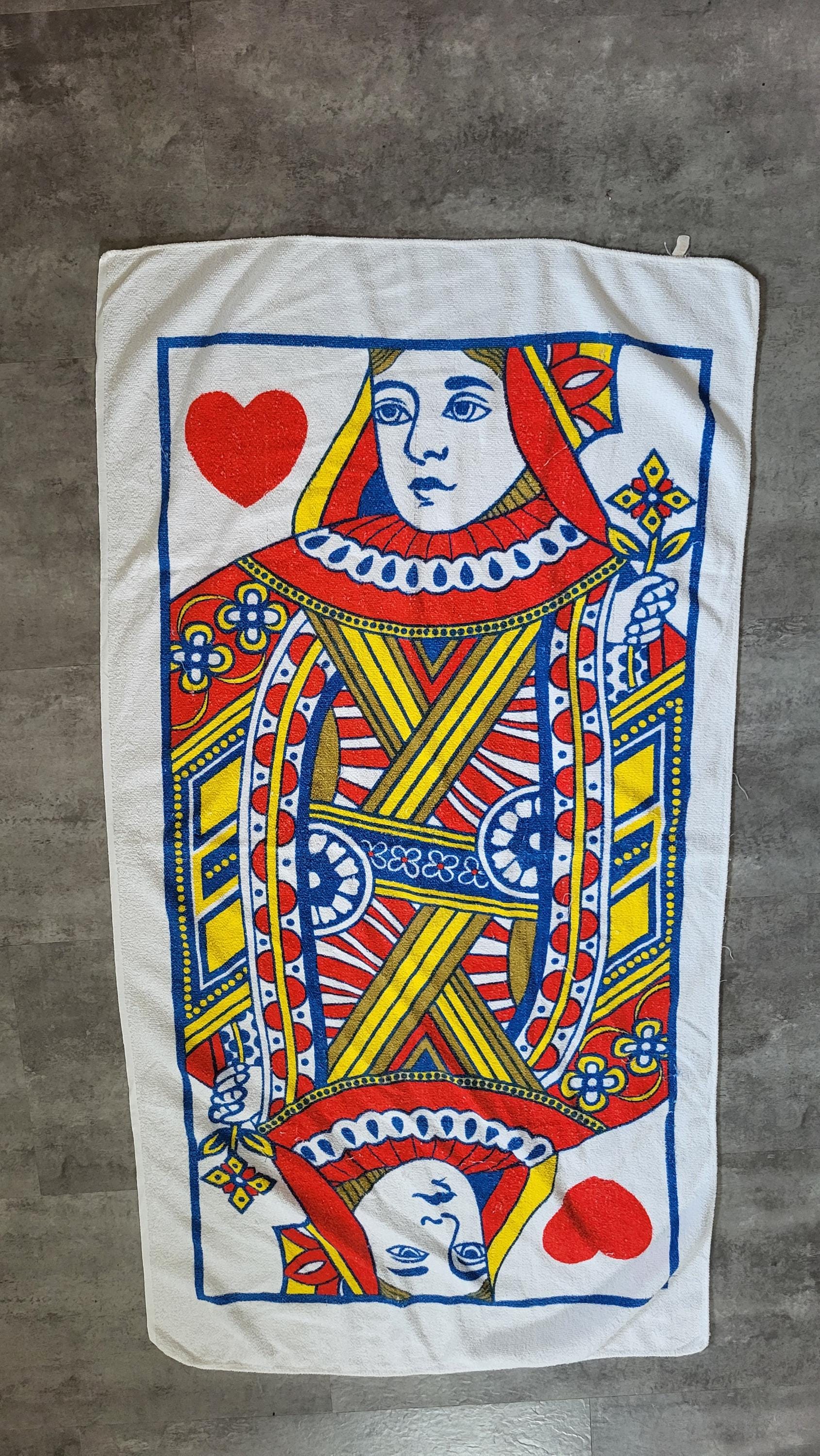 Rare Vintage 70's Beach Towel Queen of Hearts Vibrant Colors by Sea