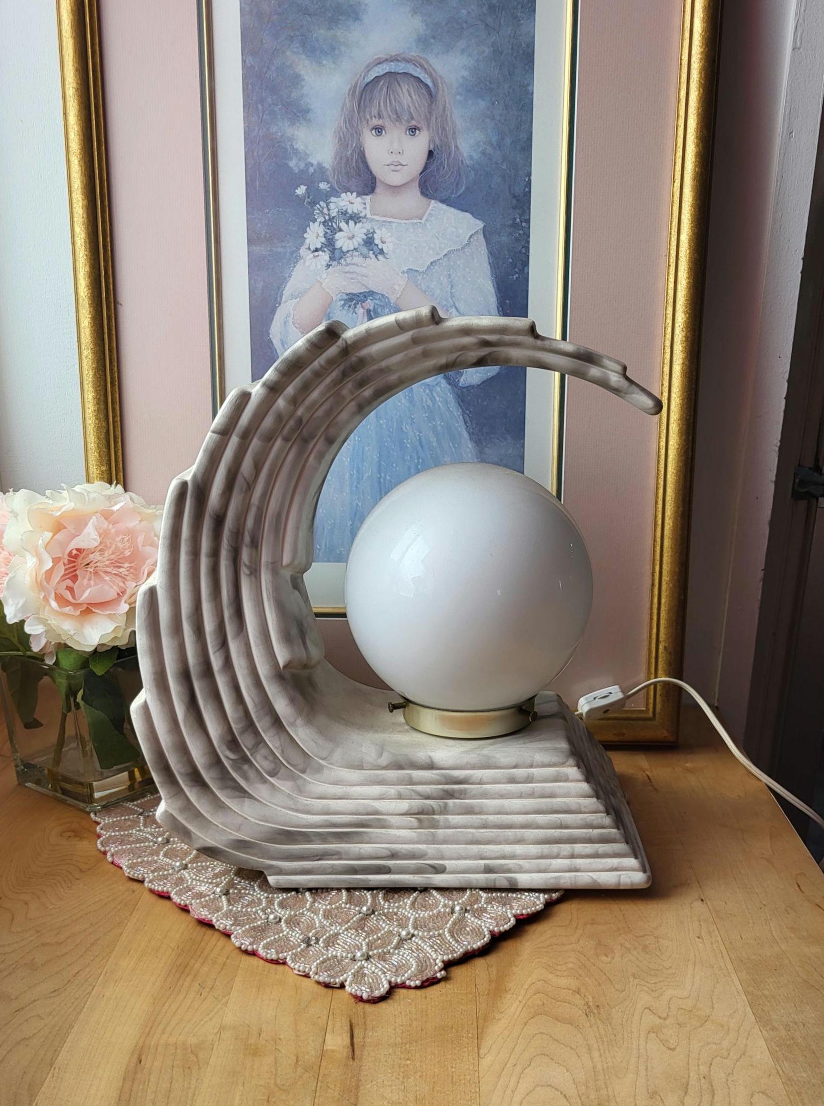 White & Grey Art Deco Wave Lamp, Mid Century Modern MCM, Regency