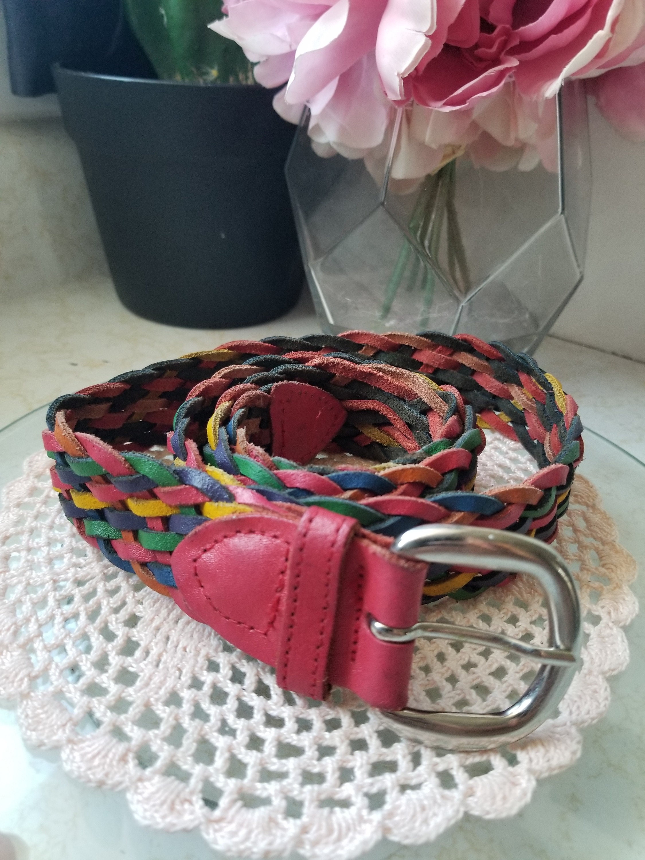 Vintage Rainbow Multicolor Braided Leather Belt Made in  display picture 2