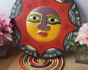 Wooden Sun Celestial Hanging Decor, Painted Wood Art Moon Decor, Vintage Hanging Sun Face