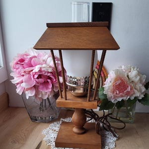 Vintage Oil Lamp Shaped Accent Lamp Wooden Base Light Modern Mid Century Lamp Brass Glass & Wood Lantern Reproduction Copy Modern Farmhouse