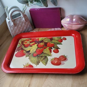 Vintage Red Strawberry Metal Decorative Tray, Farmhouse Decor