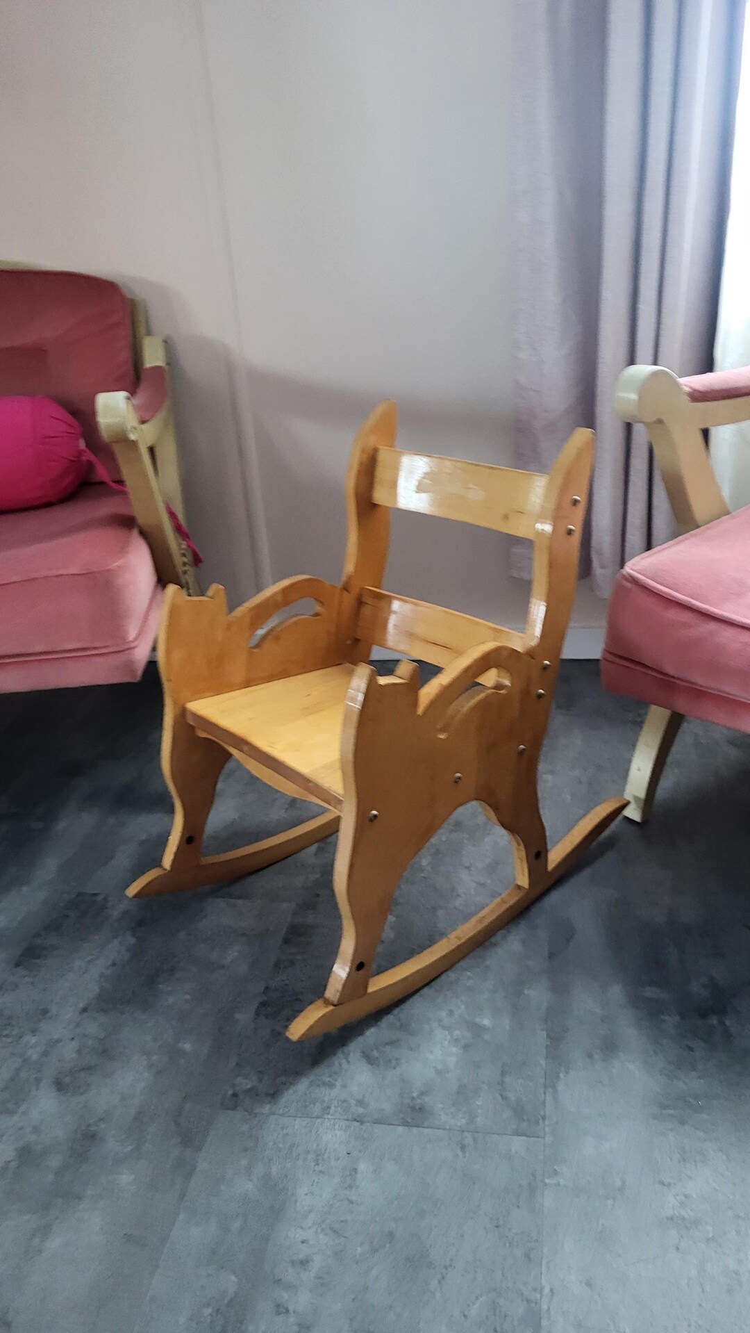 Vintage Children's Solid Wood Rocking Cat Chair. Antique Wood