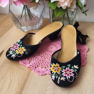 Vintage Velvet Beaded Mules Size 6 Antique French Clogs Heeled Mules Sequin Shoes