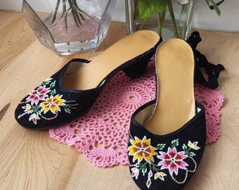 Vintage Velvet Beaded Mules Size 6 Antique French Clogs Heeled Mules Sequin Shoes