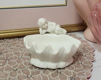 Cherub Angel Shell Soap Dish Ceramic White Vintage