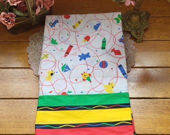 Vintage 80s Colorful Twin Bed Sheet Kids Clown Crayola Style Colors