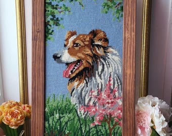 Vintage Wooden Framed Cross-Stitch Artwork of a Collie or Shetland Sheepdog