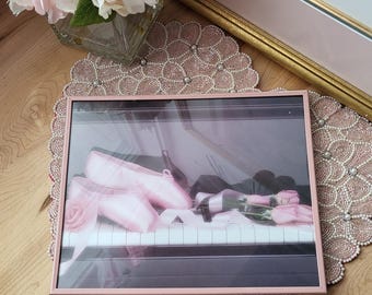 Vintage 80s Framed Photograph Ballet Pointe Shoes and Pink Roses on a Piano Keyboard Coquette Girly Whimsical Dance