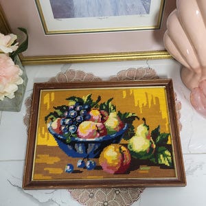 Vintage Antique Needlepoint Fruit Basket Scenary Amazing Colors
