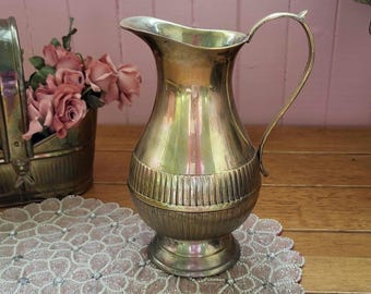 Vintage Footed Brass Vase / Brass Pitcher with Etched Handle