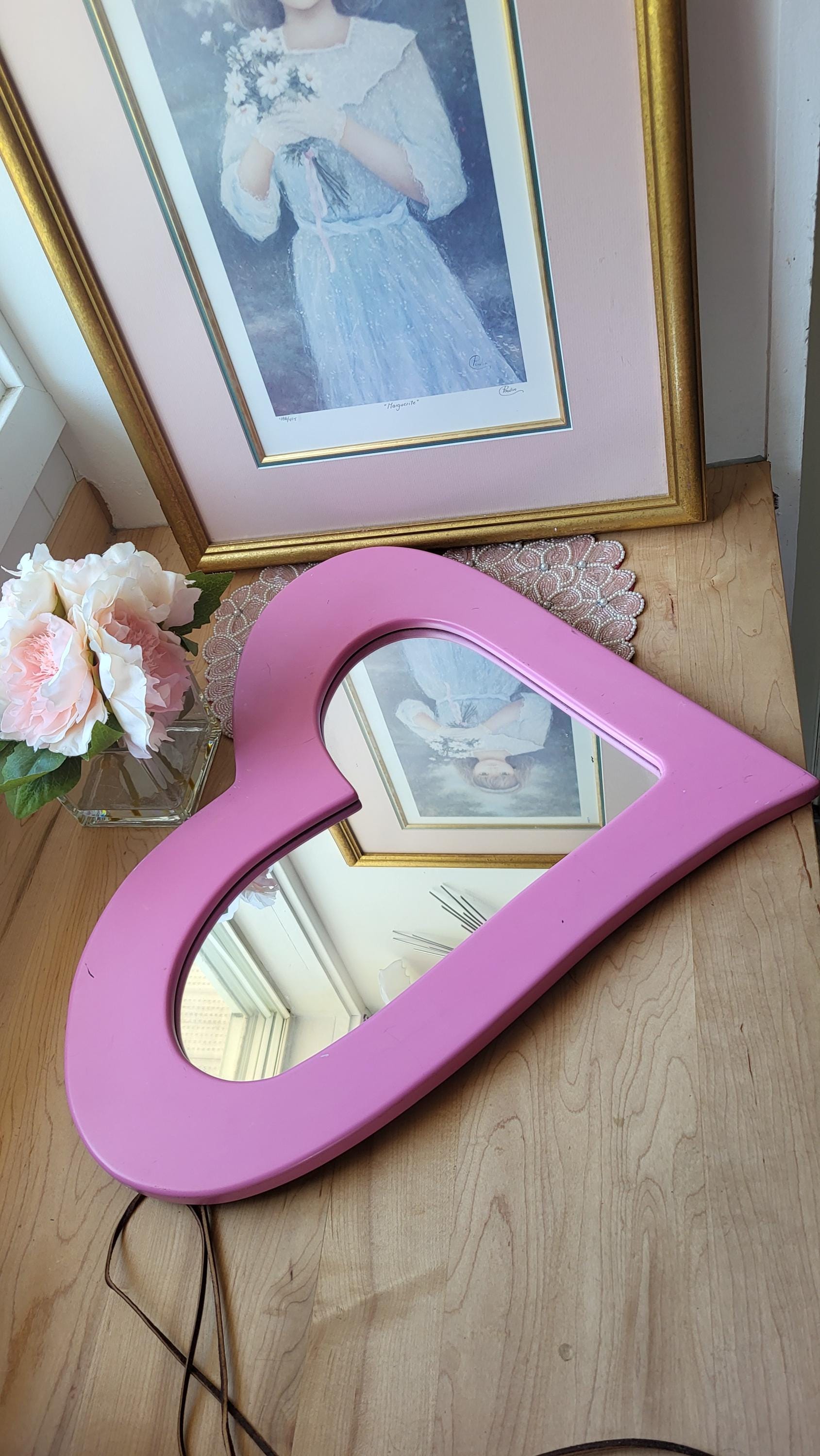 Vintage Large Pink Heart Mirror Wall Decoration, Love Mirror Style