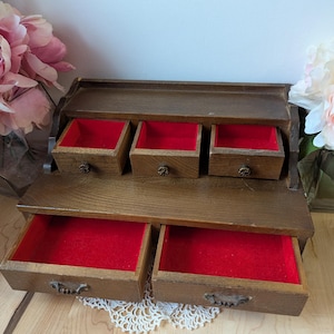 Vintage Wooden Jewelry Box With Red Velvet 5 Doors Made In Japan Nice Design Practical and Rare Men's Jewelry Box