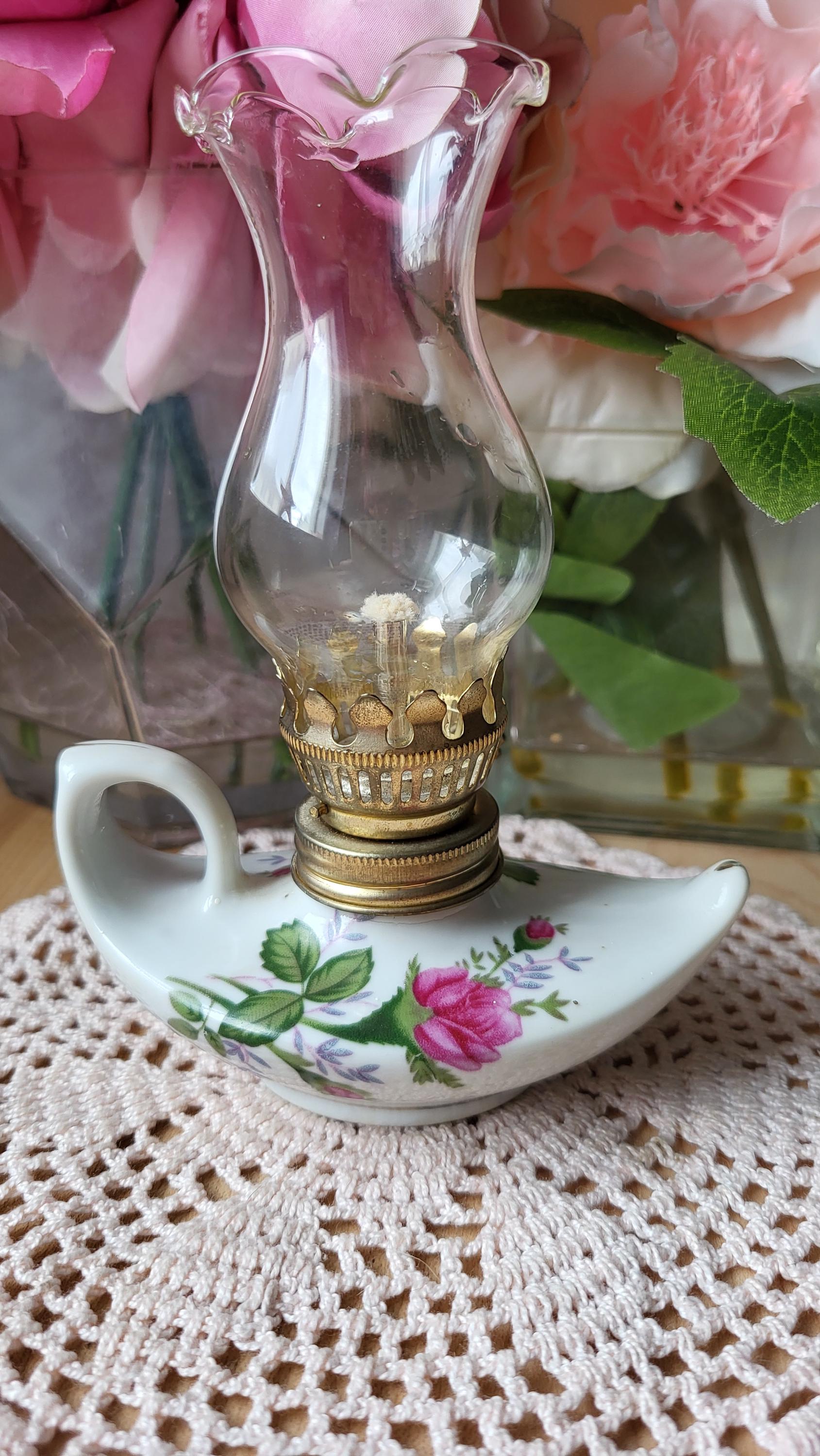 Vintage Miniature Porcelain Aladdin's Oil Lamp, Glass Chimney