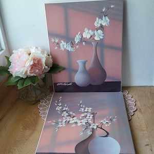 Vintage Set of 2 Postmodern 80s Framed Floral Vase Prints by