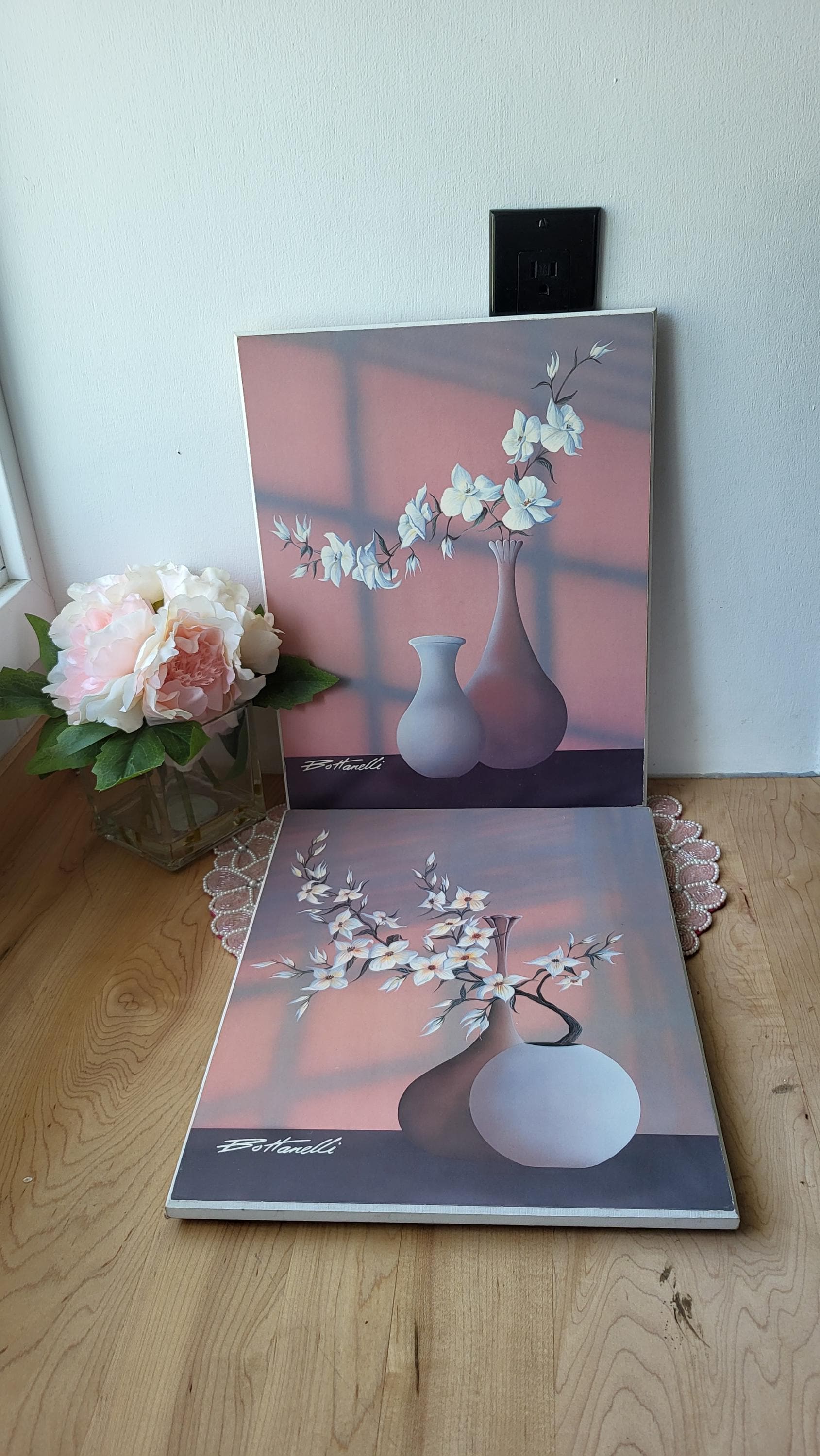 Vintage Set of 2 Postmodern 80s Framed Floral Vase Prints by