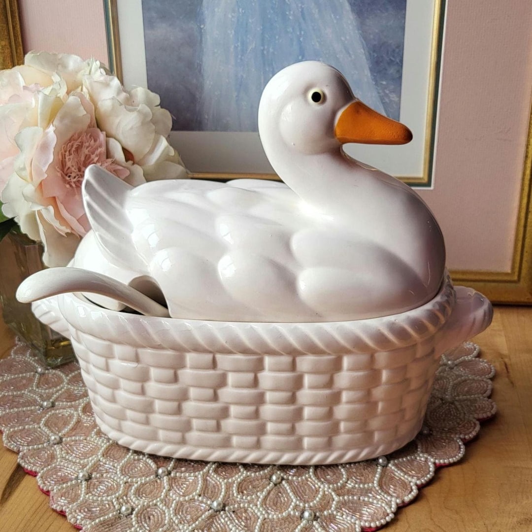 Vintage Ceramic Duck Goose Soup Tureen With Ladle Farmhouse
