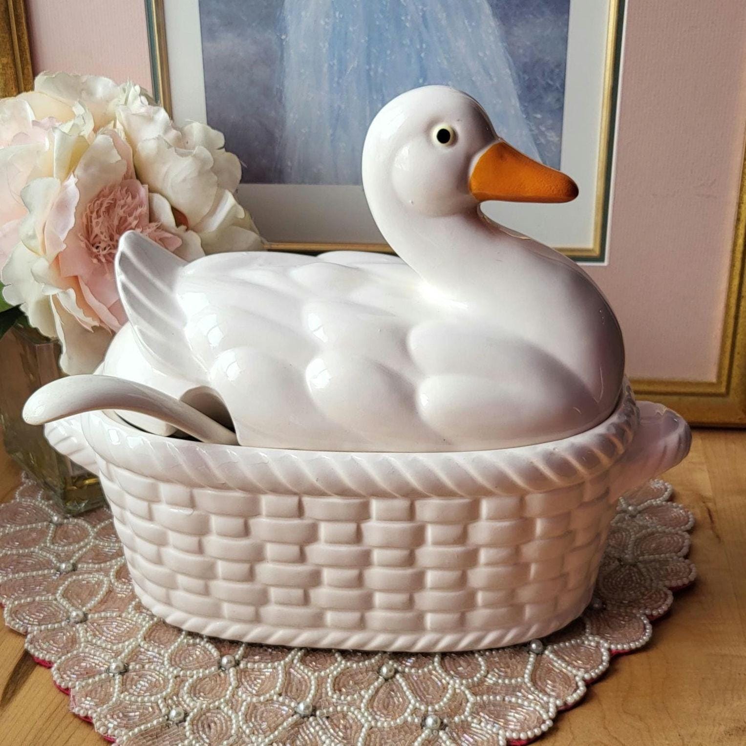 Vintage Ceramic Duck Goose Soup Tureen With Ladle Farmhouse