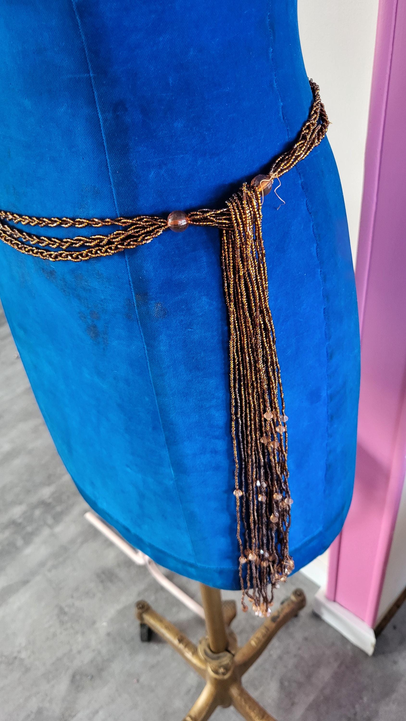 Vintage iridescent Bronze  Czech Glass Beaded Belt with tassels Vintage Sublime All Beaded Tassel Belt Bronze Color Amber  main image 3