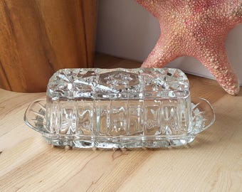 Vintage Small vintage cut glass butter dish. Mid-century crystal glass butter dish, vintage serving crystal butter dish.