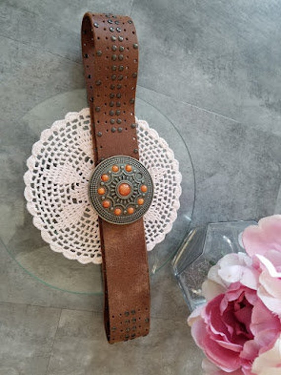 Vintage Y2K Simons Brown Studded Leather Brass Buckle Wide  display picture 1