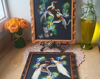 Vintage MCM Mexican Feathercraft Painting Hand-Painted Handmade/Wood Carved Framed Vintage 1950 (ONE)