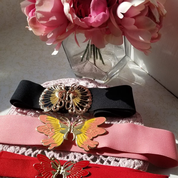 Vintage des années 90 Pop-Art ceinture papillon & boucle paon ceinture d'été élastique bohème fabriquée en Corée, lot de 3