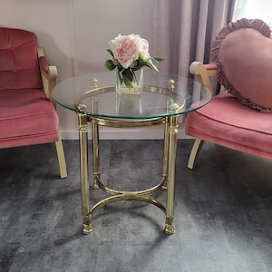 70s Round Glass & Brass Gold End Side Table 22" Hollywood Regency La Barge Style