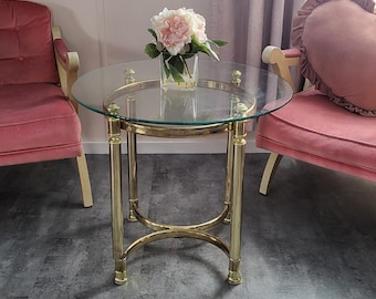 70s Round Glass & Brass Gold End Side Table 22" Hollywood Regency La Barge Style