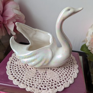 vintage 60s MCM Vibrant Pearl Iridescent Flamingo Swan Ceramic Planter/Container Pot - Bird Hollywood Regency Decor