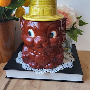 Tarro de galletas vintage de cerámica marrón con forma de gatito, años 60 - Hecho en Japón