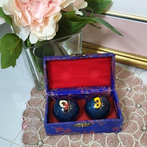 Vintage Chinese Butterfly Blue Chime Cloisonné Iron Baoding Stress Balls - Health Medicine / Yin Yang / Sound Therapy