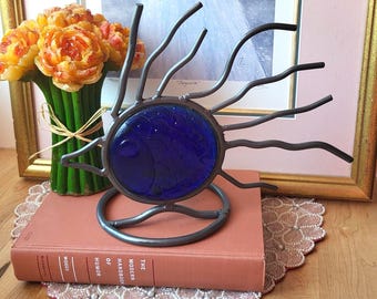 Vintage Brutalist Fish Candle Holder - Blue Glass & Metal Candle Holder
