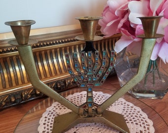 vintage Laiton émaillé Hanukkah Menorah 3 Bougeoir Juif Judaica Festival of Lights Made in Israel