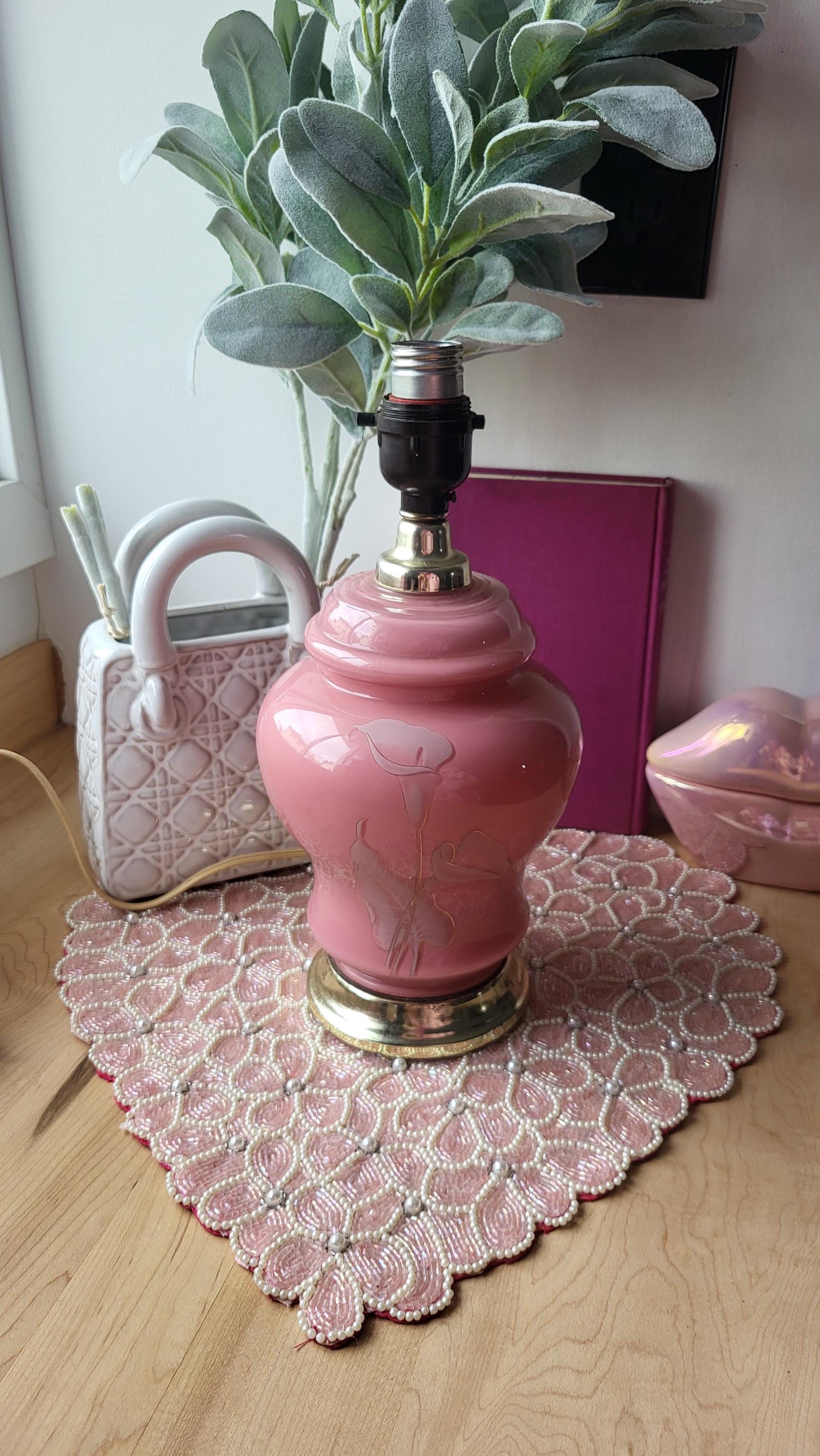Vintage 80's Small Retro Bubble Gum Pink Glass Table Lamp No Shade