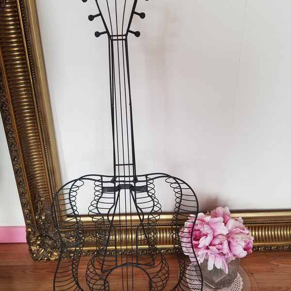 Vintage Mid Century Wrought Iron CD Rack Guitar Full Size with Stand CD's Storage Holds 54 CDs