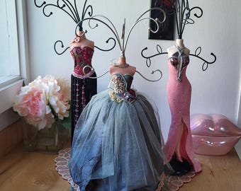 Vintage CHOOSE Necklace Display, Evening Dress Lady, Jewelry Tree Stand, Necklace Organizer, Doll Rack, Flowers and White Lace.