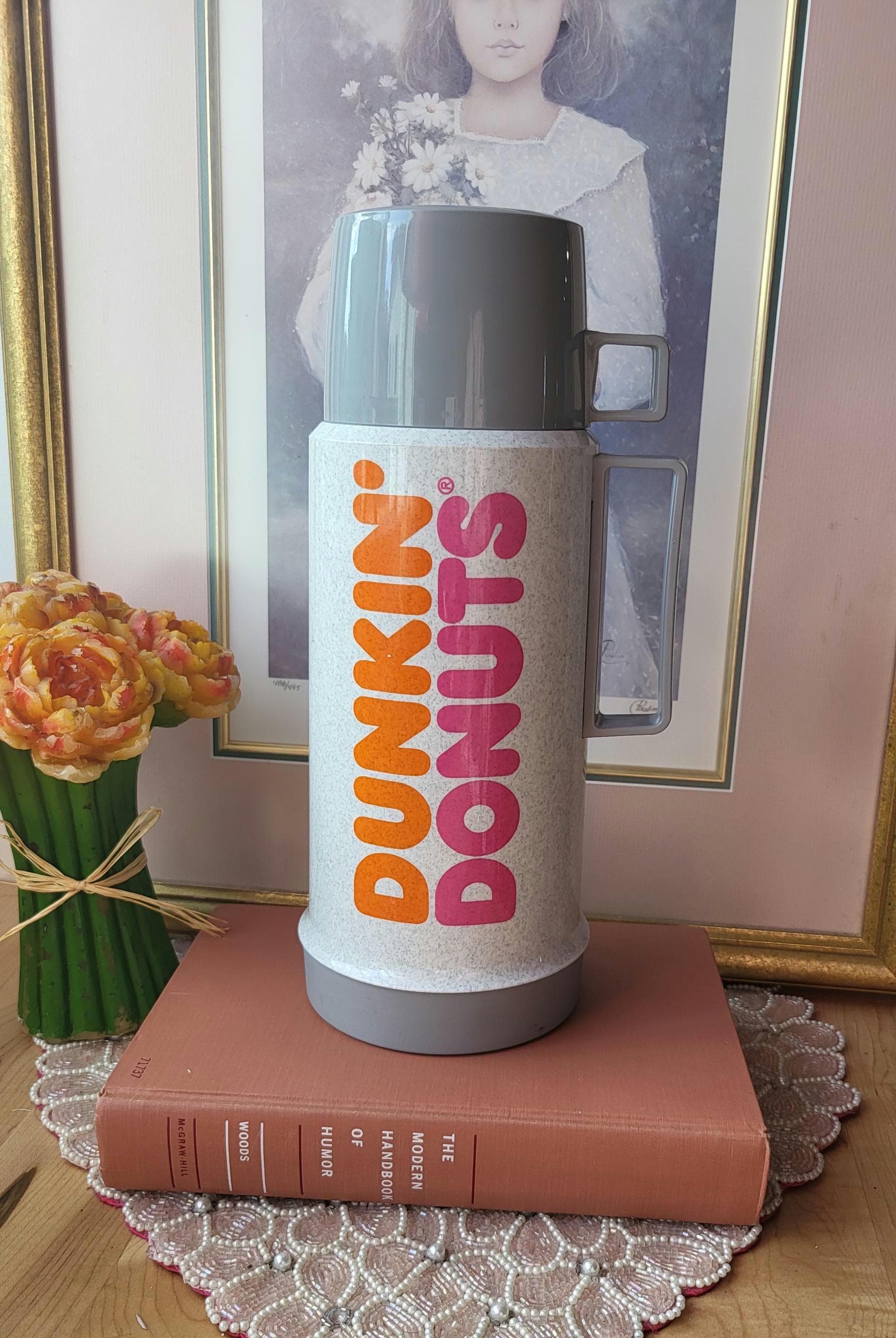 Tasse de voyage thermos Dunkin Donuts vintage avec revêtement en verre, café et thé, gris gris, fabriquée au Canada.